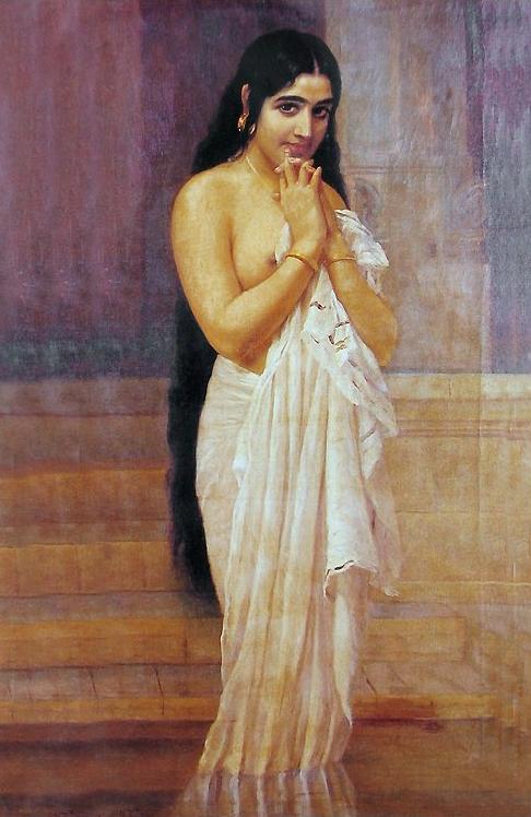 Fresh from bath painting by Raja Ravi Varma