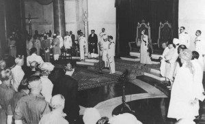 Lord Mountbatten swears in Pandit Jawaharlal Nehru as the first Prime Minister of free India at the ceremony held at 8_30 AM on August 15, 1947